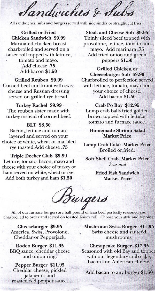 The Furnace Grill & Crab House Menu